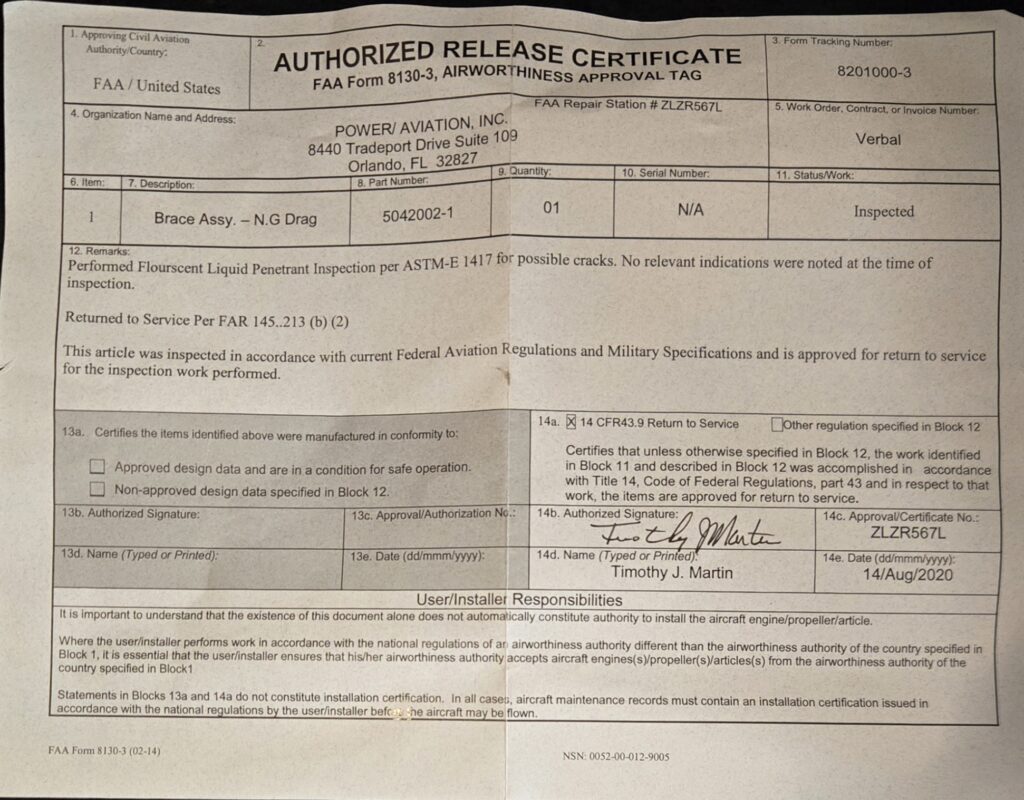 FAA Authorized Release Certificate (FAA Form 8130-3) showing item: Brace Assy. – N.G Drag, part 5042002-1, inspected/return to service terms included.